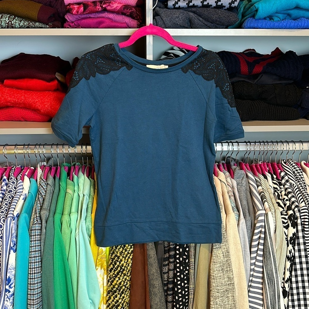 Loft teal with black lace shoulders short sleeve top size XS